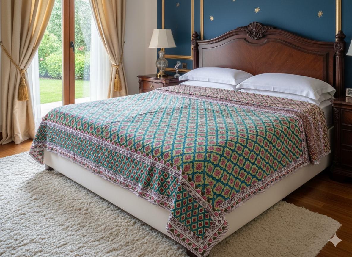 Reversible green and pink bedcover